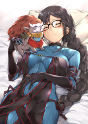 Rule 34 | 1girl, black dress, black gloves, black hair, blue dress, blush, braid, breasts, center opening, choker, closed eyes, closed mouth, dress, earrings, elbow gloves, fate/grand order, fate (series), glasses, gloves, jewelry, light smile, long hair, long sleeves, lying, medium breasts, naha78, on back, pillow, ribbed dress, single braid, sleeping, strapless, strapless dress, stuffed toy, sweater, sweater dress, very long hair, xiang yu (fate), yu mei-ren (fate), yu mei-ren (first ascension) (fate)