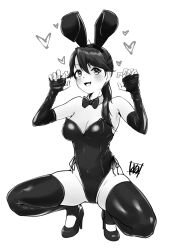 Rule 34 | 1girl, animal ears, bow, bowtie, breasts, commentary request, detached collar, elbow gloves, fingerless gloves, gloves, greyscale, hair over shoulder, highres, houshou (kancolle), kantai collection, leotard, looking at viewer, medium breasts, monochrome, playboy bunny, rabbit ears, side-tie leotard, smile, solo, squatting, strapless, strapless leotard, tadokoro nurikabe, thighhighs
