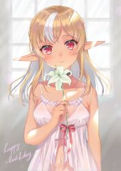 Rule 34 | 1girl, babydoll, bare arms, bare shoulders, blonde hair, blush, breasts, character name, closed mouth, collarbone, commentary request, dark-skinned female, dark skin, elf, flower, happy birthday, highres, holding, holding flower, hololive, indoors, kabi akaru, lily (flower), looking at viewer, multicolored hair, navel, pointy ears, red eyes, red ribbon, ribbon, shiranui flare, small breasts, smile, solo, streaked hair, two-tone hair, underwear, underwear only, virtual youtuber, white hair, window