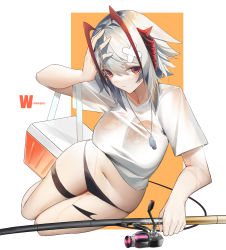 Rule 34 | 1girl, absurdres, antennae, arknights, black panties, breasts, character name, collarbone, cooler, copyright name, dog tags, dripping, fishing rod, grey hair, hand on own head, hand up, highres, horns, large breasts, looking at viewer, navel, no pants, orange background, panties, parted lips, qtian, red eyes, shirt, short hair, short sleeves, solo, t-shirt, tail, thigh strap, underwear, w (arknights), wet, white background, white shirt
