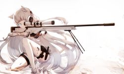 Rule 34 | 1girl, absurdres, ai arctic warfare, animal ear fluff, animal ears, awp (girls&#039; frontline) (nekoya (liu)), bandaged arm, bandages, bare shoulders, blue eyes, bolt action, boots, cat ears, cat girl, colored eyelashes, commentary request, cuts, dress, girls&#039; frontline, gun, hair spread out, handgun, highres, holding, holding gun, holding weapon, holster, injury, kneeling, knife, long hair, nekoya (liu), on one knee, original, pale skin, panties, panties under pantyhose, pantyhose, pantyshot, parted lips, pistol, revision, rifle, scope, silver hair, sleeveless, sleeveless dress, sniper rifle, solo, suppressor, thigh holster, thigh strap, torn clothes, torn pantyhose, underwear, very long hair, weapon, white background, white dress, white footwear, white panties, white pantyhose, white theme