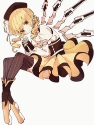 Rule 34 | 1girl, blonde hair, boots, breasts, corset, drill hair, fingerless gloves, full body, gloves, gun, hair ornament, hat, interlocked fingers, kono yo no inga wo hazureta mono, leaning forward, looking at viewer, mahou shoujo madoka magica, mahou shoujo madoka magica (anime), musket, skirt, smile, solo, striped clothes, striped thighhighs, thighhighs, tomoe mami, twin drills, vertical-striped clothes, vertical-striped thighhighs, weapon, white background, yellow eyes