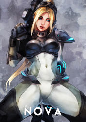 Rule 34 | 1girl, absurdres, armor, blonde hair, bodysuit, boobplate, breastplate, commentary, covered navel, english commentary, ghost (starcraft), gloves, goggles, goggles on head, gun, head tilt, highres, kneeling, lips, long hair, looking at viewer, monori rogue, nova (starcraft), parted lips, ponytail, solo, squatting, starcraft, thick eyebrows, thick thighs, thighs, weapon, white bodysuit
