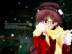 Rule 34 | 1girl, brown eyes, brown hair, glasses, gloves, hat, highres, merry christmas, mitsumi misato, scarf, snow, solo, wallpaper, yellow scarf