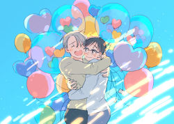 Rule 34 | 2boys, ^ ^, arms around waist, bad id, bad pixiv id, balloon, black hair, black pants, blue-framed eyewear, blue pants, blue sky, blurry, brown eyes, cheek-to-cheek, closed eyes, closed mouth, colorful, day, depth of field, eyelashes, facing viewer, fingernails, glasses, glowing, green shirt, grey hair, grey shirt, hand on another&#039;s back, hand on another&#039;s neck, happy, heads together, heart balloon, hug, husband and husband, ima (minitomato123), jewelry, katsuki yuuri, light, light blush, light particles, light rays, light smile, long sleeves, looking at another, looking to the side, male focus, multiple boys, outdoors, over-rim eyewear, pants, ring, semi-rimless eyewear, shirt, sky, too many, too many balloons, viktor nikiforov, wedding ring, yaoi, yuri!!! on ice