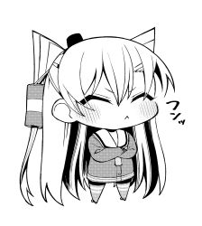 Rule 34 | 1girl, :&lt;, amatsukaze (kancolle), ataru (ataru-littlebird), chibi, choker, closed eyes, commentary request, crossdressing, dress, greyscale, hair tubes, hat, highres, kantai collection, lifebuoy ornament, mini hat, monochrome, sailor collar, sailor dress, short dress, simple background, smokestack hair ornament, solo, standing, striped clothes, striped legwear, striped thighhighs, thighhighs, two side up