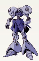 Rule 34 | absurdres, clenched hand, cunkou mangren, glowing, glowing eye, grey background, gundam, gyan, highres, mecha, mobile suit gundam, nagano mamoru (style), no humans, one-eyed, open hand, parody, purple eyes, robot, science fiction, solo, standing, style parody