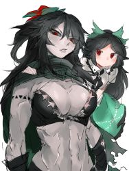Rule 34 | 2girls, abs, black hair, breasts, chamaruk, cleavage, colored skin, commentary request, dual persona, grey skin, highres, large breasts, lips, long hair, looking at viewer, midriff, multiple girls, muscular, muscular female, navel, red eyes, reiuji utsuho, simple background, sketch, stomach, touhou, tsurime, v-shaped eyebrows, white background