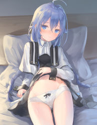 Rule 34 | 1girl, ahoge, black ribbon, black skirt, blue eyes, blue hair, blush, braid, capelet, closed mouth, clothes lift, collared shirt, commentary request, hair between eyes, hair ribbon, highres, indoors, lifted by self, long hair, long sleeves, looking at viewer, mushoku tensei, on bed, panties, parufeito, pillow, ribbon, ribbon panties, roxy migurdia, shirt, skirt, skirt lift, sleeve cuffs, solo, twin braids, underwear, very long hair, white capelet, white panties, white shirt