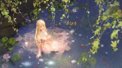 Rule 34 | 1girl, absurdres, artist request, bare shoulders, blonde hair, blue eyes, braid, bridge, closed mouth, detached collar, douluo dalu, dress, fireflies, flower, hair ornament, highres, in water, koi, lily pad, lotus, qian renxue (douluo dalu), ripples, second-party source, solo, water, white dress