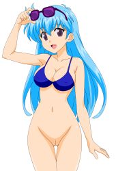Rule 34 | 1990s (style), 1girl, absurdres, aqua hair, bikini, bikini top only, black background, blue bikini, bottomless, breasts, female focus, flight attendant, gloves, hand up, highres, hip focus, legs, long hair, looking to the side, no panties, open mouth, purple eyes, pussy, retro artstyle, simple background, smile, solo, sunglasses, swimsuit, tenjouin katsura, thighs, third-party edit, travel attendant, vector trace, yat anshin uchuu ryokou
