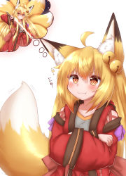 Rule 34 | 1girl, :3, ahoge, animal ear fluff, animal ears, arm up, back bow, bell, blonde hair, blush, bow, closed mouth, embers, fang, fang out, flaming weapon, flat chest, fox ears, fox girl, fox tail, grey shirt, hair bell, hair between eyes, hair ornament, hakama, haori, happy, highres, holding, holding sword, holding weapon, horokusa (korai), japanese clothes, jingle bell, katana, kitsune, korai (horokusa), kyuubi, long hair, long sleeves, looking at viewer, multiple tails, open clothes, orange eyes, original, purple background, red hakama, sheath, shirt, sidelocks, simple background, smile, solo, standing, sword, tail, thought bubble, unsheathing, very long hair, weapon, white background, wide sleeves