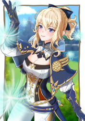 Rule 34 | 1girl, arm up, belt, blonde hair, blue belt, blue bow, blue eyes, blue sky, bow, breasts, brooch, cleavage, commentary request, cowboy shot, day, genshin impact, gloves, grass, hair bow, highres, jean (genshin impact), jewelry, leggings, long hair, looking at viewer, medium breasts, outdoors, pants, ponytail, shirt, sky, smile, solo, standing, strapless, strapless shirt, tatara tamayura, white pants, white shirt