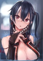 Rule 34 | 1girl, :o, arm strap, azur lane, black hair, blush, breasts, cleavage, cropped torso, cross, cross earrings, dated, earrings, eyes visible through hair, head tilt, headgear, iron cross, jewelry, large breasts, long hair, looking at viewer, mappaninatta, multicolored hair, no bra, open mouth, red eyes, scarf grab, sidelocks, signature, skindentation, solo, streaked hair, u-47 (azur lane), unzipped, wet, white hair