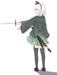 Rule 34 | 1girl, absurdres, black hairband, black ribbon, black thighhighs, brown footwear, closed mouth, from behind, full body, garter straps, green eyes, green jacket, green skirt, grey hair, hair ribbon, hairband, highres, hitodama print, holding, holding sword, holding weapon, hood, hood down, hooded jacket, jacket, konpaku youmu, light blush, light smile, long sleeves, looking to the side, medium hair, outstretched arm, pleated skirt, pointing, pointing sword, profile, refuson man, ribbon, scabbard, sheath, shoes, simple background, sketch, skirt, solo, standing, sword, thighhighs, touhou, unsheathed, weapon, white background, wide sleeves