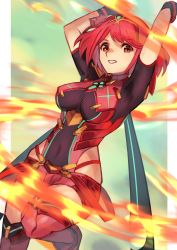 Rule 34 | 1girl, absurdres, arms up, black gloves, bob cut, breasts, erulusyro, gloves, highres, large breasts, looking at viewer, medium hair, open mouth, pyra (xenoblade), red eyes, red footwear, red hair, red shorts, short sleeves, shorts, solo, thighhighs, tiara, xenoblade chronicles (series), xenoblade chronicles 2