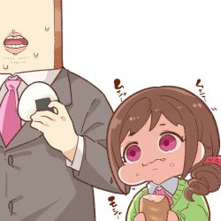Rule 34 | 1boy, 1girl, baguette, bread, brown hair, brown jacket, character request, eating, fang, fang out, food, food on face, hair ornament, hair scrunchie, holding, holding food, idolmaster, idolmaster cinderella girls, jacket, long sleeves, necktie, ohara michiru, onigiri, open mouth, pink eyes, pink neckwear, producer (idolmaster), scrunchie, side ponytail, simple background, takato kurosuke, white background, wide-eyed