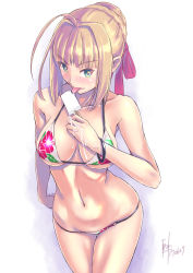 Rule 34 | 10s, 1girl, ahoge, artist name, bare shoulders, bikini, blonde hair, breasts, breasts apart, collarbone, fate/extra, fate (series), floral print, food, green eyes, hair ribbon, highres, large breasts, legs together, licking, melting, navel, nenchi, nero claudius (fate), nero claudius (fate) (all), nero claudius (fate/extra), popsicle, ribbon, skindentation, standing, swimsuit, thigh gap, tongue, tongue out, underboob, white background