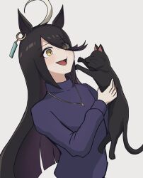 Rule 34 | 1girl, animal, animal ears, black cat, black hair, blush, cat, commentary request, earrings, grey background, hair between eyes, highres, holding, holding animal, horse ears, horse girl, jewelry, long hair, long sleeves, manhattan cafe (umamusume), miya nns35, multicolored hair, necklace, open mouth, purple sweater, simple background, single earring, smile, solo, streaked hair, sweater, umamusume, upper body, white hair, yellow eyes