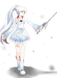 Rule 34 | 1girl, absurdres, blonde hair, blood, blood on face, blue eyes, boots, cropped jacket, dress, frilled skirt, frills, hair ornament, hair up, highres, holding sword, jewelry, long hair, long sleeves, necklace, original, pale skin, ponytail, rapier, rwby, ryo neko, saber (weapon), shadow, skirt, snow, solo, sword, very long hair, weapon, weiss schnee, 凉猫&omega;