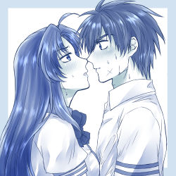Rule 34 | 1boy, 1girl, ahoge, blue theme, blush, bow, bowtie, chidori kaname, collared shirt, couple, cross scar, face-to-face, framed, full metal panic!, hetero, imminent kiss, lips, long hair, looking at another, monochrome, profile, sagara sousuke, scar, scar on face, school uniform, shiki (the-sleeping-snow-white), shirt, short hair, simple background, spiked hair, straight hair, sweat, upper body