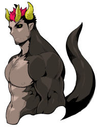 Rule 34 | 1boy, abs, bara, bare pectorals, black hair, black sclera, chest hair, colored sclera, cropped torso, demon boy, facial hair, highres, horns, large pectorals, looking at viewer, male focus, monster boy, multicolored hair, muscular, naop (anything), navel, nipples, original, pectorals, pink hair, short hair, solo, tail, two-tone hair, white background, yellow eyes
