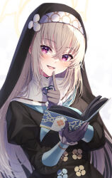 Rule 34 | 1girl, :d, black dress, black gloves, blue archive, blue neckerchief, blush, book, commentary request, crossed bangs, dress, finger to mouth, gloves, grey hair, habit, hair between eyes, halo, highres, holding, holding book, juliet sleeves, long hair, long sleeves, looking at viewer, neckerchief, nun, open book, open mouth, partial commentary, primamiya, puffy sleeves, purple eyes, sakurako (blue archive), sidelocks, simple background, smile, solo, upper body, white background