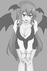 Rule 34 | 1girl, :d, blush, breasts, cleavage, commentary, demon wings, feet out of frame, forneus 0, grey background, greyscale, hair between eyes, hands on own thighs, head wings, highres, juliet sleeves, koakuma, large breasts, leaning forward, long hair, long sleeves, looking at viewer, monochrome, open mouth, pencil skirt, puffy sleeves, shirt, side slit, sidelocks, simple background, skirt, skirt set, smile, solo, standing, thighs, touhou, very long hair, vest, wings