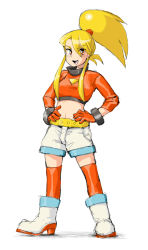 Rule 34 | 1girl, aero (inafune keiji), aero (mega man), belt, blonde hair, boots, capcom, female focus, full body, gloves, hands on own hips, long hair, mega man (series), mega man legends (series), mega man legends 3, midriff, open mouth, red eyes, red thighhighs, shorts, solo, thighhighs, unou (mousou deguchi), white background