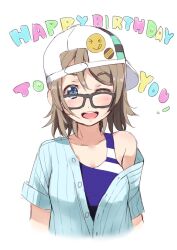 Rule 34 | 1girl, blush, buttons, casual one-piece swimsuit, competition swimsuit, english text, glasses, hat, love live!, love live! sunshine!!, off shoulder, one-piece swimsuit, one eye closed, pin, rin2008, shirt, smile, solo, swimsuit, watanabe you