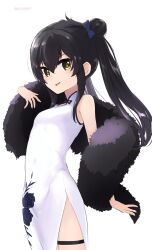 Rule 34 | 1girl, black hair, black shawl, blue bow, bow, china dress, chinese clothes, commentary, covered navel, cowboy shot, double bun, dress, eyelashes, flat chest, floral print, fur shawl, hair between eyes, hair bow, hair bun, hand up, highres, idolmaster, idolmaster cinderella girls, light blush, long hair, looking at viewer, matoba risa, parted lips, print dress, roccamoya, rose print, shawl, side slit, sidelocks, sleeveless, sleeveless dress, smile, solo, thigh strap, thighs, twintails, white background, white dress, yellow eyes
