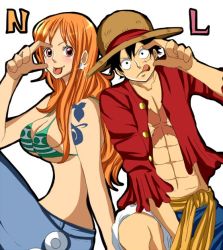 Rule 34 | 1boy, 1girl, black eyes, black hair, blush, couple, hat, long hair, monkey d. luffy, nami (one piece), one piece, orange hair, pirate, short hair, smile, tattoo