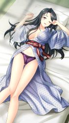 Rule 34 | 1girl, ;d, black hair, breasts, brown eyes, cleavage, collarbone, doukyuusei, doukyuusei another world, from above, futon, game cg, gluteal fold, groin, japanese clothes, kimono, long hair, looking at viewer, lying, masaki natsuko, medium breasts, midriff, navel, official art, on back, one eye closed, open clothes, open kimono, open mouth, panties, pillow, purple panties, smile, solo, stomach, thigh gap, underwear, very long hair