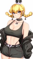 Rule 34 | 1girl, anisdrawn, bare shoulders, belt, black belt, black choker, black eyes, black jacket, black shorts, blonde hair, braid, choker, commentary request, cowboy shot, crop top, crown, eyeshadow, goth fashion, highres, jacket, long hair, looking at viewer, makeup, mario (series), midriff, mini crown, navel, new super mario bros. u deluxe, nintendo, off shoulder, open clothes, open jacket, peachette, short shorts, shorts, simple background, solo, sports bra, standing, stomach, twin braids, white background
