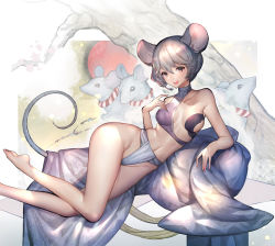Rule 34 | 1girl, animal ears, breasts, brown eyes, fundoshi, hair between eyes, hand up, highres, hitowa, japanese clothes, looking at viewer, lying, medium breasts, mouse (animal), mouse ears, mouse tail, on side, open mouth, original, short hair, silver hair, smile, solo, tail, underwear, wide hips