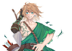 Rule 34 | 1boy, absurdres, ahoge, arrow (projectile), artist request, belt, blonde hair, blue eyes, bodypaint, bow (weapon), collarbone, ear piercing, earrings, eyebrows, eyebrows hidden by hair, glowing, hair between eyes, hand on own hip, hand on own face, highres, jewelry, link, long hair, looking at viewer, male focus, nintendo, nipples, parted lips, pectorals, petals, piercing, pointy ears, prosthesis, quiver, shield, simple background, single bare shoulder, smile, solo, standing, strap, teeth, the legend of zelda, the legend of zelda: breath of the wild, the legend of zelda: tears of the kingdom, toga, topless male, weapon, weapon on back, white background