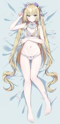 Rule 34 | 1girl, absurdres, barefoot, bed sheet, blonde hair, blunt bangs, blush, bow, bow bra, bow panties, bra, breasts, bug, butterfly, character request, chunithm, cleavage, closed mouth, dakimakura (medium), green eyes, hair ribbon, head wreath, highres, insect, lace, lace bra, lace panties, long hair, lying, murase48, navel, on back, on bed, panties, ribbon, small breasts, solo, toes, twintails, underwear, underwear only, white bra, white panties, white ribbon