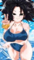 Rule 34 | 1girl, beach, black eyes, black hair, blue sky, blue one-piece swimsuit, bracelet, breasts, caulifla, cleavage, cloud, cloudy sky, dragon ball, dragon ball super, female focus, heart, highres, jewelry, kinakomochi (user vedc2333), large breasts, looking at viewer, one-piece swimsuit, sky, smile, solo, swimsuit, v, water, wide hips