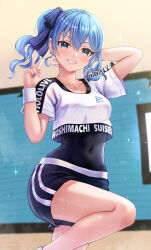 Rule 34 | 1girl, absurdres, arm up, black leotard, blue eyes, blue hair, blue nails, breasts, character name, copyright name, earrings, hair ribbon, hand up, high side ponytail, highres, hololive, hololive dance practice uniform, hoshimachi suisei, jewelry, leotard, leotard under clothes, midriff, navel, official alternate costume, ribbon, side ponytail, smile, solo, star (symbol), star earrings, star in eye, sweat, symbol in eye, thighs, v, virtual youtuber, wajuniorbox