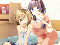 Rule 34 | 2girls, :o, ;o, absurdres, bed, blue eyes, blunt bangs, blush, book, breasts, desk, green eyes, groin, hair dryer, highres, holding, holding hair dryer, indoors, long hair, medium hair, midriff, multiple girls, on bed, one eye closed, original, pajamas, sitting, small breasts, smile, strap slip, thiana0225