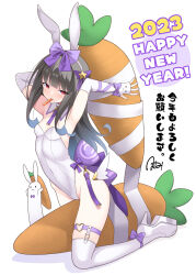 Rule 34 | 1girl, 2023, animal ears, aoi masami, armpits, black hair, blunt bangs, bow, breasts, chinese zodiac, closed mouth, commentary request, elbow gloves, fake animal ears, fingerless gloves, full body, gloves, hairband, happy new year, high heels, holding, kneeling, leotard, long hair, looking at viewer, mouth hold, new year, original, playboy bunny, purple bow, rabbit ears, red eyes, shoes, simple background, small breasts, smile, solo, star (symbol), strapless, strapless leotard, thighhighs, translation request, very long hair, white background, white footwear, white gloves, white hairband, white leotard, white thighhighs, year of the rabbit