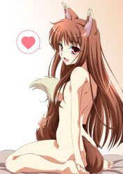 Rule 34 | 00s, 1girl, animal ears, barefoot, breasts, brown hair, gradient background, heart, holo, izumi mahiru, long hair, nude, red eyes, sitting, small breasts, solo, spice and wolf, spoken heart, tail, very long hair, wolf ears, wolf tail