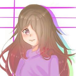 Rule 34 | bete noire, brown hair, clothes, glitchtale, long hair, pink background, pink eyes, pink hair, purple shirt, rainbow background, shirt, smile, white background