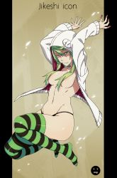 Rule 34 | 1girl, absurdres, arms up, borrowed character, breasts, gradient background, green eyes, green hair, hair censor, highres, hood, jacket, kamezaemon, long hair, matching hair/eyes, no bra, open clothes, open jacket, original, panties, solo, striped clothes, striped legwear, striped thighhighs, thighhighs, underwear