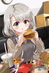 1girl blurry blush bow braid braided_bangs brand_name_imitation brown_eyes brown_jacket burger chicken_nuggets clock cup depth_of_field disposable_cup dot_nose drinking_straw food french_fries grey_hair grey_ribbon grey_sweater_vest hachisu_(hachisu_1105) hair_bow hair_ribbon hands_up highres hisakawa_nagi holding holding_burger holding_food idolmaster idolmaster_cinderella_girls idolmaster_cinderella_girls_starlight_stage indoors jacket ketchup long_hair long_sleeves looking_at_viewer low_twintails on_chair open_clothes open_jacket open_mouth ribbon shirt sitting solo sweater_vest television twintails very_long_hair white_shirt