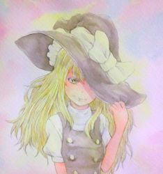 Rule 34 | 1girl, acrylic paint (medium), blonde hair, gradient background, graphite (medium), hand on headwear, hat, hat over one eye, hat ribbon, hat tug, high collar, highres, kirisame marisa, light frown, long hair, looking at viewer, painting (medium), ribbon, short sleeves, solo, touhou, traditional media, upper body, vest, watercolor (medium), witch hat, yuyu (00365676)