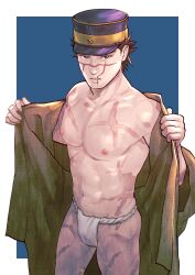 Rule 34 | 1boy, abs, bara, bare pectorals, black hair, brown kimono, bulge, facial scar, feet out of frame, from above, fundoshi, ganpiro, golden kamuy, hat, highres, japanese clothes, kimono, large pectorals, looking at viewer, male focus, military hat, navel, nipples, open clothes, opened by self, pectorals, scar, scar on cheek, scar on chest, scar on face, scar on leg, scar on mouth, scar on nose, short hair, solo, stomach, sugimoto saichi, toned, toned male