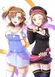 Rule 34 | 10s, 2girls, :d, :p, ;p, beret, blue eyes, blush, brown hair, dress, epaulettes, flower, gloves, green eyes, hands on own chest, hat, highres, idol, k.k, kira tsubasa, kosaka honoka, looking at viewer, love live!, love live! school idol project, multiple girls, one eye closed, open mouth, shocking party, short hair, side ponytail, skirt, smile, thighhighs, tongue, tongue out, white gloves, yume no tobira