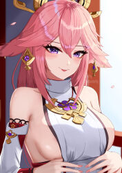 Rule 34 | 1girl, absurdres, animal ears, areola slip, bare shoulders, breasts, commentary, detached sleeves, fox ears, genshin impact, highres, large breasts, long hair, looking at viewer, pink hair, purple eyes, red lips, s redbutterfly, shirt, sideboob, sleeveless, sleeveless shirt, smile, solo, upper body, very long hair, white shirt, yae miko