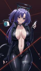 Rule 34 | 1girl, absurdres, ass, bell, belt, black bodysuit, black collar, blue archive, bodysuit, breasts, buckle, cat tail, catsuit, cellphone, collar, collarbone, commentary, cowboy shot, drone, fake tail, halo, highres, holding, holding phone, jingle bell, large breasts, laser, light blush, long hair, looking at viewer, mechanical halo, navel, parted lips, phone, purple eyes, purple hair, smartphone, snap-fit buckle, solo, subob (subobdesu), tail, thigh belt, thigh gap, thigh strap, two side up, yuuka (blue archive), zipper, zipper pull tab